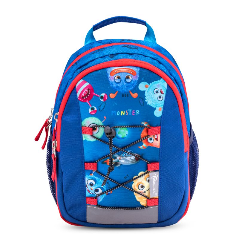 Blauer und roter Kinderrucksack mit bunten Monster-Gesichtern und schwarzer Kordel auf der Vorderseite. Blauer und roter Kinderrucksack mit bunten Monster-Gesichtern und schwarzer Kordel auf der Vorderseite.