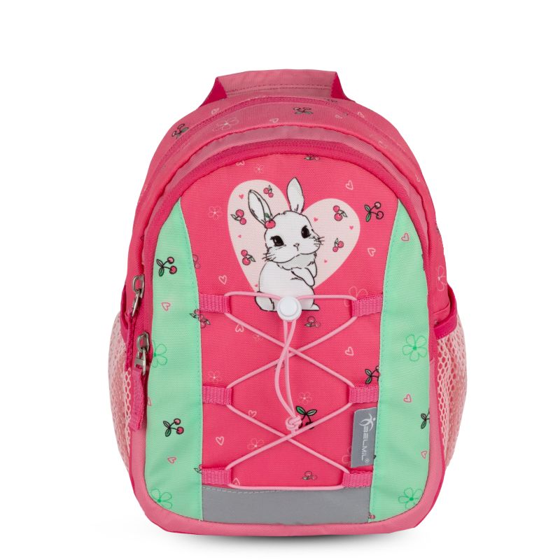 Pink-grüner Kinderrucksack mit Hasenmotiv und Herzdesign auf der Vorderseite. Pink-grüner Kinderrucksack mit Hasenmotiv und Herzdesign auf der Vorderseite.
