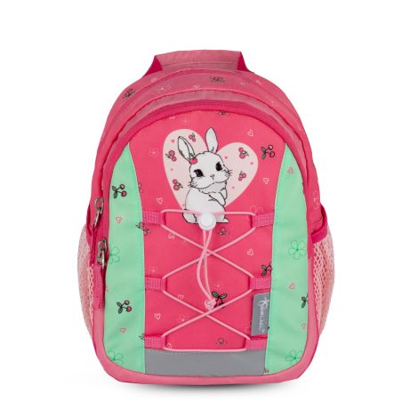 Pink-grüner Kinderrucksack mit Hasenmotiv und Herzdesign auf der Vorderseite.