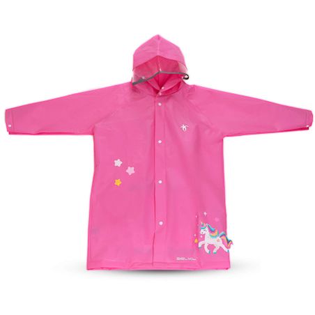 Pinkfarbener Kinderregenmantel mit Kapuze sowie Einhorn- und Sternmotiven auf der Vorderseite.