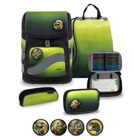 Grün-schwarzes Dino-Schulrucksack-Set mit Federmäppchen, Turnbeutel und Badge-Pins.
