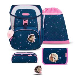 Dunkelblau-rosa Schulranzenset mit Pferdemotiven: Rucksack, Turnbeutel, Federmäppchen und Geldbörse.