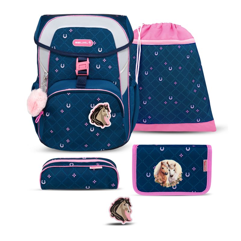 Dunkelblau-rosa Schulranzenset mit Pferdemotiven: Rucksack, Turnbeutel, Federmäppchen und Geldbörse.