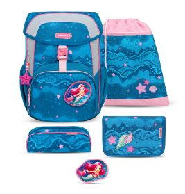 Blau-rosanes Schulset mit Arielle-Design: Rucksack, Mäppchen, Geldbörse und Sportbeutel.