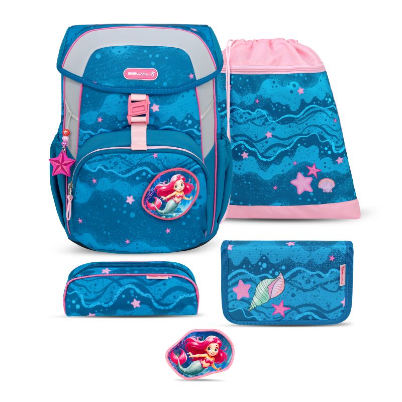 Blau-rosanes Schulset mit Arielle-Design: Rucksack, Mäppchen, Geldbörse und Sportbeutel. Blau-rosanes Schulset mit Arielle-Design: Rucksack, Mäppchen, Geldbörse und Sportbeutel.