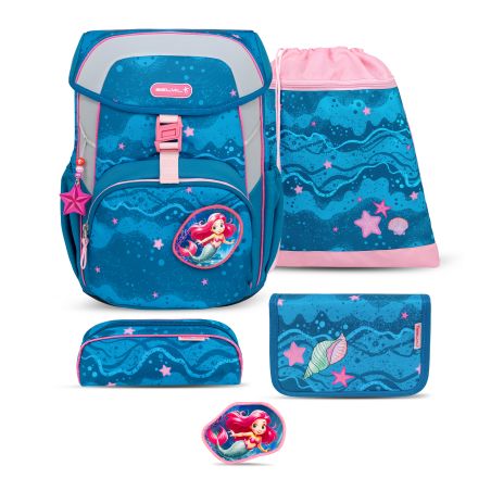 Blau-rosanes Schulset mit Arielle-Design: Rucksack, Mäppchen, Geldbörse und Sportbeutel.