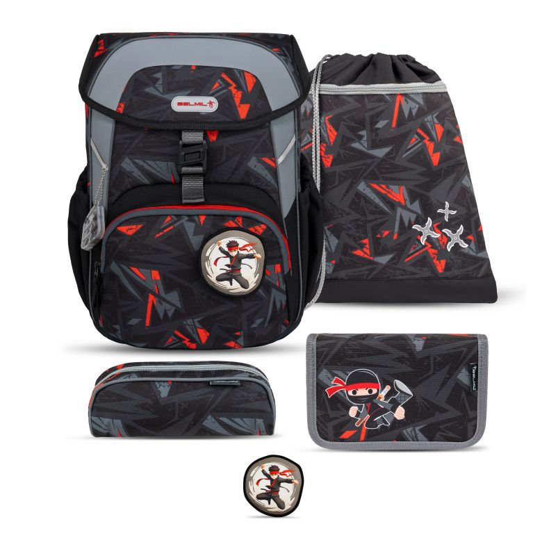 Schwarzes und rotes Schulset mit Ninja-Motiven: Rucksack, Beutel, Geldbörse und Federmäppchen. Schwarzes und rotes Schulset mit Ninja-Motiven: Rucksack, Beutel, Geldbörse und Federmäppchen.