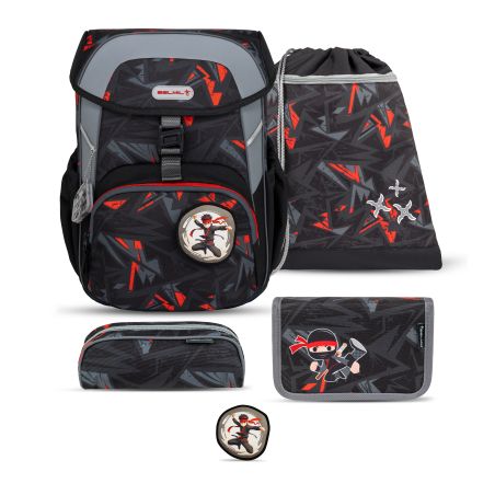 Schwarzes und rotes Schulset mit Ninja-Motiven: Rucksack, Beutel, Geldbörse und Federmäppchen.
