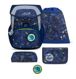 Blaues Dino-Schulset mit Rucksack, Turnbeutel, Federmäppchen, Geldbeutel und Dinosaurier-Patch.