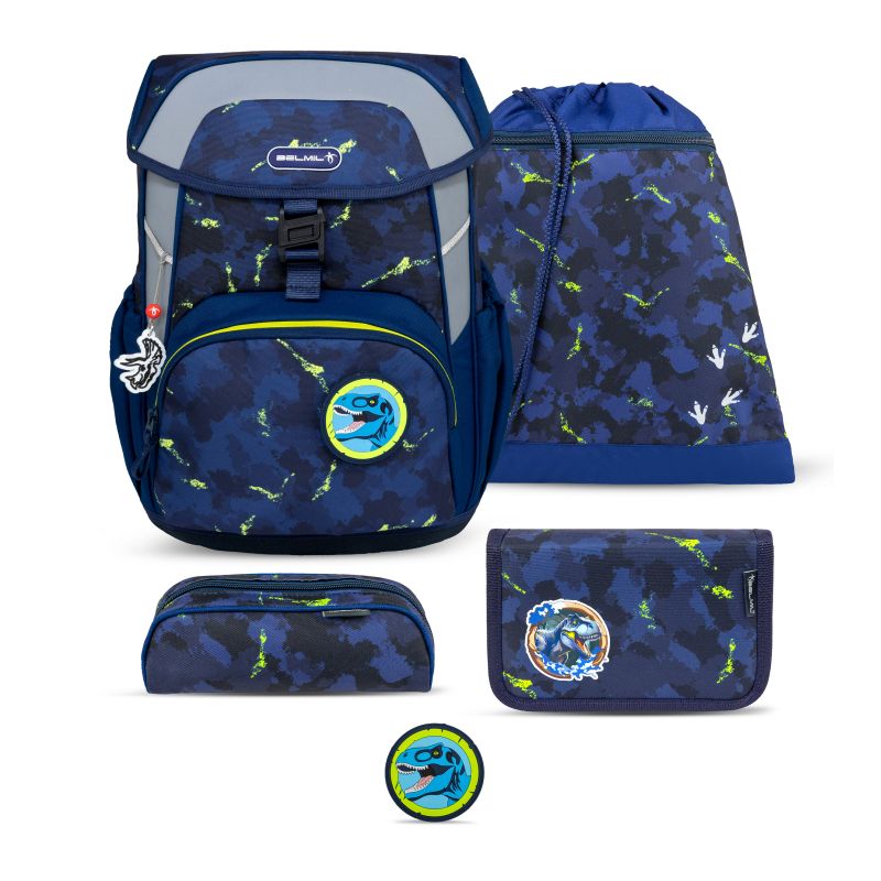 Blaues Dino-Schulset mit Rucksack, Turnbeutel, Federmäppchen, Geldbeutel und Dinosaurier-Patch. Blaues Dino-Schulset mit Rucksack, Turnbeutel, Federmäppchen, Geldbeutel und Dinosaurier-Patch.