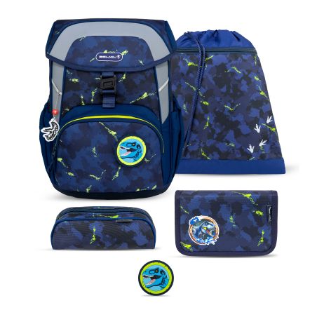Blaues Dino-Schulset mit Rucksack, Turnbeutel, Federmäppchen, Geldbeutel und Dinosaurier-Patch.