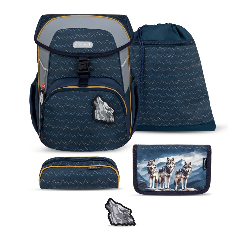 Dunkelblaues Schulranzen-Set mit Wolf-Motiven: Rucksack, Federmäppchen, Geldbörse, Aufnäher und Turnbeutel. Dunkelblaues Schulranzen-Set mit Wolf-Motiven: Rucksack, Federmäppchen, Geldbörse, Aufnäher und Turnbeutel.