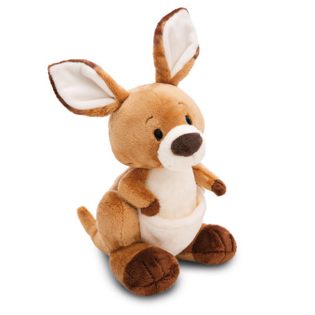 Braunes und weißes Plüsch-Känguru mit großen Ohren und Beutel sitzt aufrecht.