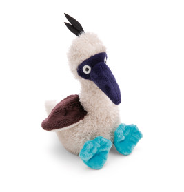 Plüschvogel mit weißem Körper, blauem Schnabel und Füßen, braunen Flügeln und schwarzen Federbüscheln.