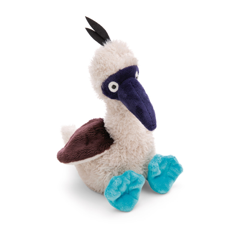 Plüschvogel mit weißem Körper, blauem Schnabel und Füßen, braunen Flügeln und schwarzen Federbüscheln.