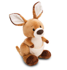 Braun-weißes Plüsch-Känguru mit großen Ohren und einem Beutel, sitzt aufrecht.