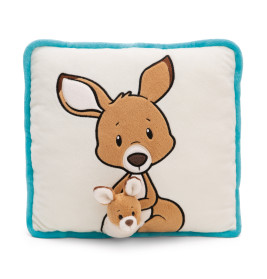 Quadratisches Kissen mit Känguru-Cartoon, kleinem Plüsch-Känguru und blauem Rand.