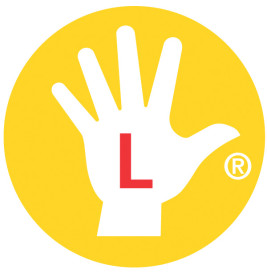 Weiße Hand mit rotem L auf der Handfläche in gelbem Kreis, dazu ein eingetragenes Markenzeichen.
