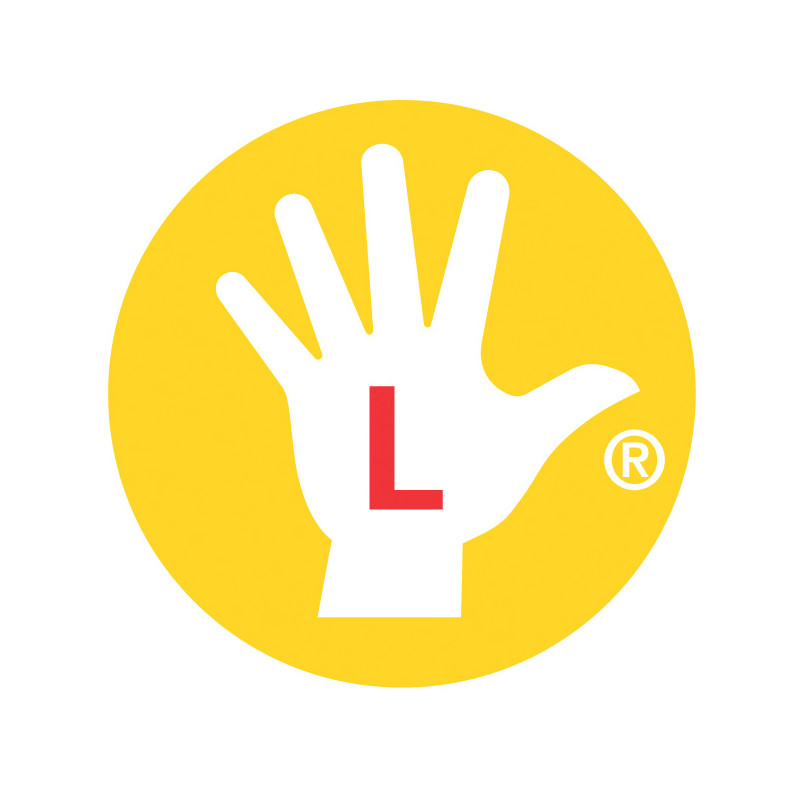 Weiße Hand mit rotem L auf der Handfläche in gelbem Kreis, dazu ein eingetragenes Markenzeichen.