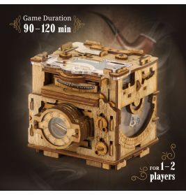 Holzpuzzlebox mit Zahnrädern, Spieldauer 90-120 Min., geeignet für 1-2 Spieler.