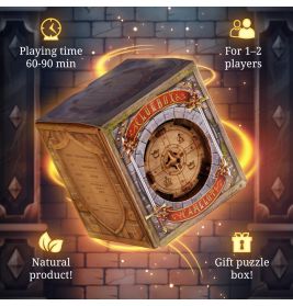 Würfelförmige Holz-Puzzlebox mit Symbolen für Spielzeit, Spieleranzahl, Naturprodukt und Geschenkoption.