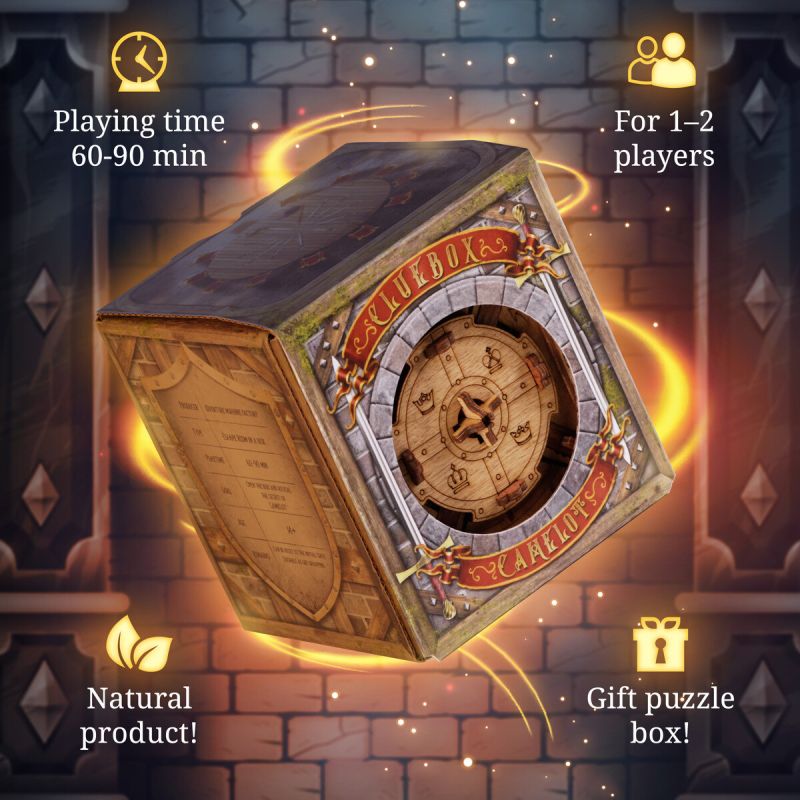 Würfelförmige Holz-Puzzlebox mit Symbolen für Spielzeit, Spieleranzahl, Naturprodukt und Geschenkoption. Würfelförmige Holz-Puzzlebox mit Symbolen für Spielzeit, Spieleranzahl, Naturprodukt und Geschenkoption.