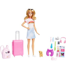 Barbie mit Reisegepäck: Koffer, Rucksack, Hund, Kopfhörer, Kamera, Nackenkissen und mehr.