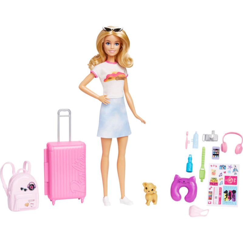 Barbie mit Reisegepäck: Koffer, Rucksack, Hund, Kopfhörer, Kamera, Nackenkissen und mehr.