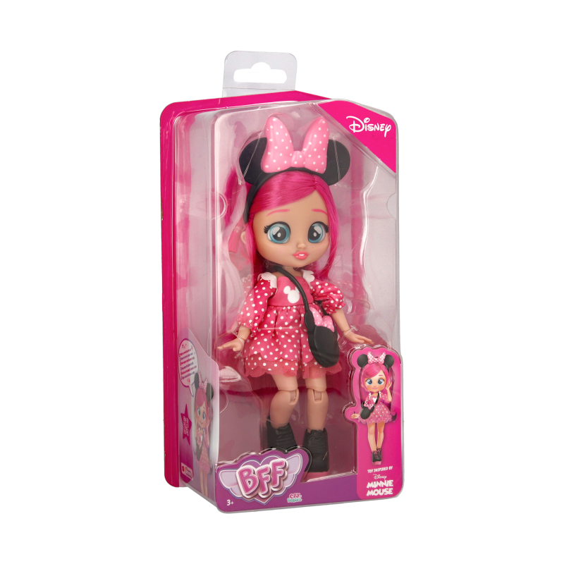 Puppe mit pinken Haaren und Minnie-Maus-Outfit in pinker Disney-BFF-Box, durch Klarsichtverpackung sichtbar. Puppe mit pinken Haaren und Minnie-Maus-Outfit in pinker Disney-BFF-Box, durch Klarsichtverpackung sichtbar.