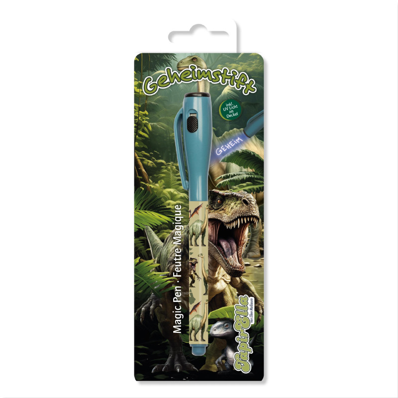Magischer Stift in Dinosaurier-Verpackung mit grünem Laub und T. rex im Hintergrund.