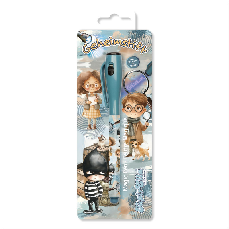 Verpackter Geheimstift mit Illustrationen von Detektiven, Hund und Lupe.