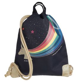 Dunkelblauer Turnbeutel mit Einhorn, Regenbogen auf Sternenhimmel, goldene Ecken und Kordeln.
