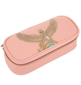 Pinkes Federmäppchen mit Reißverschluss und Stickerei eines Vogels sowie Regenbogen auf der Oberseite.