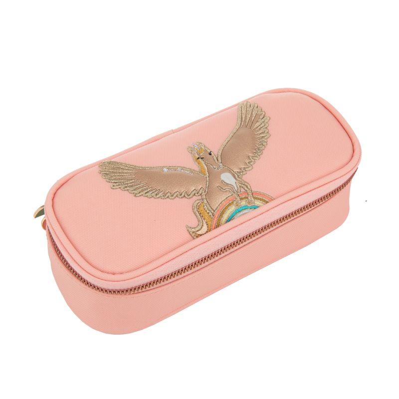Pinkes Federmäppchen mit Reißverschluss und Stickerei eines Vogels sowie Regenbogen auf der Oberseite.