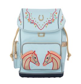 Hellblauer Rucksack mit Pferdestickerei, floralen Details und goldenem Hufeisen auf dem Überschlag.