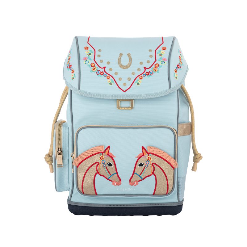 Hellblauer Rucksack mit Pferdestickerei, floralen Details und goldenem Hufeisen auf dem Überschlag. Hellblauer Rucksack mit Pferdestickerei, floralen Details und goldenem Hufeisen auf dem Überschlag.