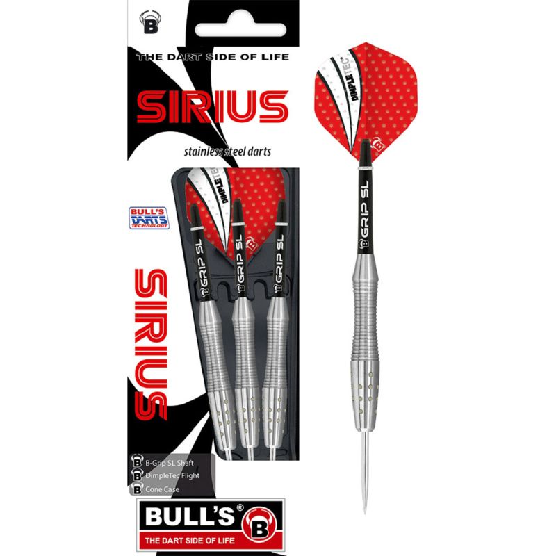 Drei Bulls Sirius Edelstahl-Darts mit roten Flights in einer Einzelhandelsverpackung.