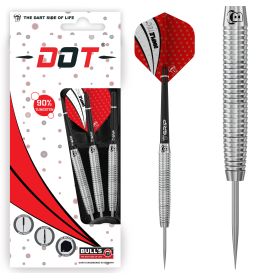 Bulls DOT Dart-Set mit rot-schwarzen Flights, silbernen Griffen und sichtbarer Verkaufsverpackung.