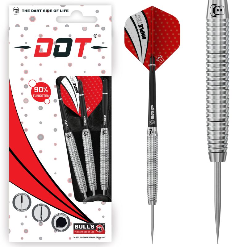 Bulls DOT Dart-Set mit rot-schwarzen Flights, silbernen Griffen und sichtbarer Verkaufsverpackung.