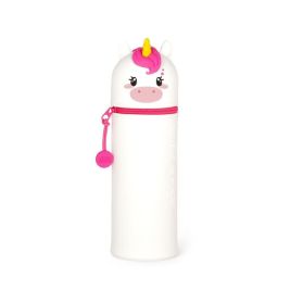 Weiße Federmappe in Einhornform mit pinkem Reißverschluss, gelbem Horn und niedlichem Gesicht.