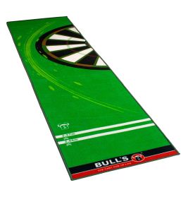 Grüne Dartmatte mit Dartboard-Design, Markierungen und BULLS-Logo an einem Ende.