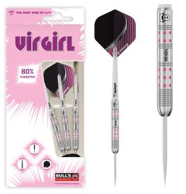 Silberne und rosa gepunktete Virgirl-Darts mit passender rosa-schwarzer Verpackung.