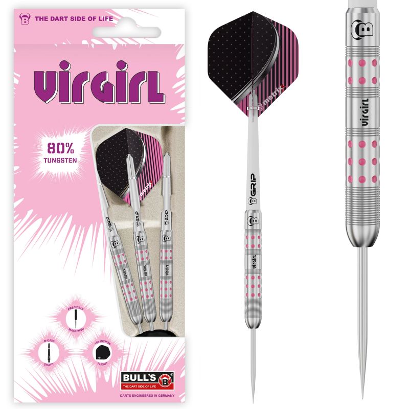 Silberne und rosa gepunktete Virgirl-Darts mit passender rosa-schwarzer Verpackung.