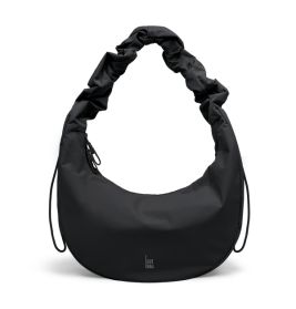 Schwarze, halbmondförmige Schultertasche mit gerafftem Henkel und Kordelzügen an beiden Seiten.