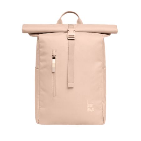 Beiger Rolltop-Rucksack mit Frontreißverschlusstasche und Griff vor weißem Hintergrund.