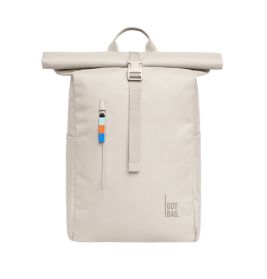 Beiger Rolltop-Rucksack mit Frontreißverschluss, farbigem Zipper und GOT BAG-Label.
