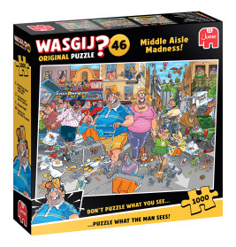 Schachtel von Wasgij Puzzle 46 mit chaotischer Supermarktszene, Kunden und umherfliegenden Lebensmitteln.