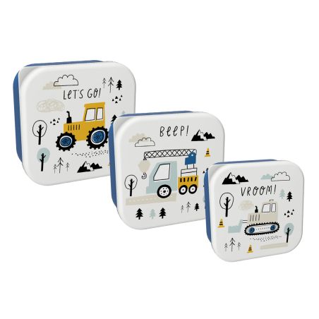 Drei quadratische Brotdosen mit Baufahrzeugmotiven und den Aufschriften LETS GO!, BEEP! und VROOM!.