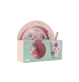 Rosa Kindergeschirr-Set mit Einhorn- und Cupcake-Motiven, bestehend aus Teller, Schüssel, Becher und Besteck.