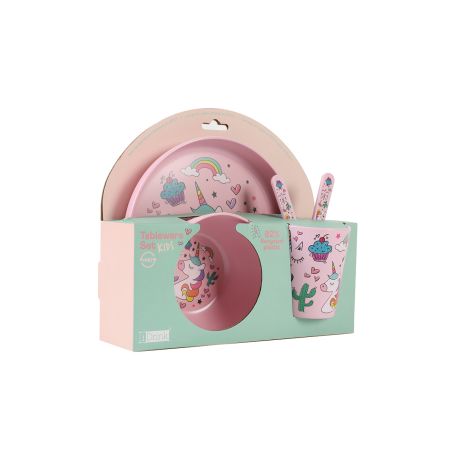 Rosa Kindergeschirr-Set mit Einhorn- und Cupcake-Motiven, bestehend aus Teller, Schüssel, Becher und Besteck.